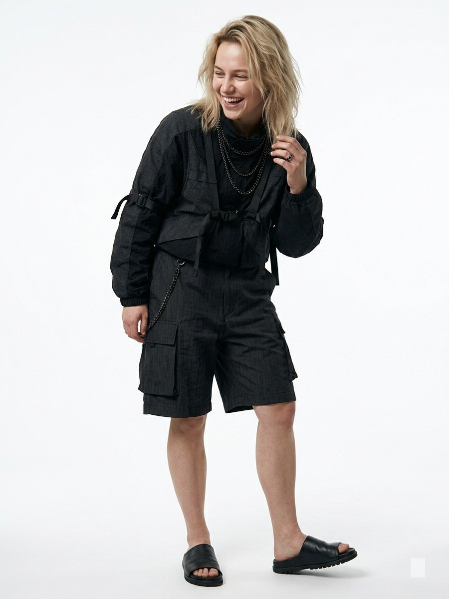 Dopameez cast — all-black utility fit with layered chains