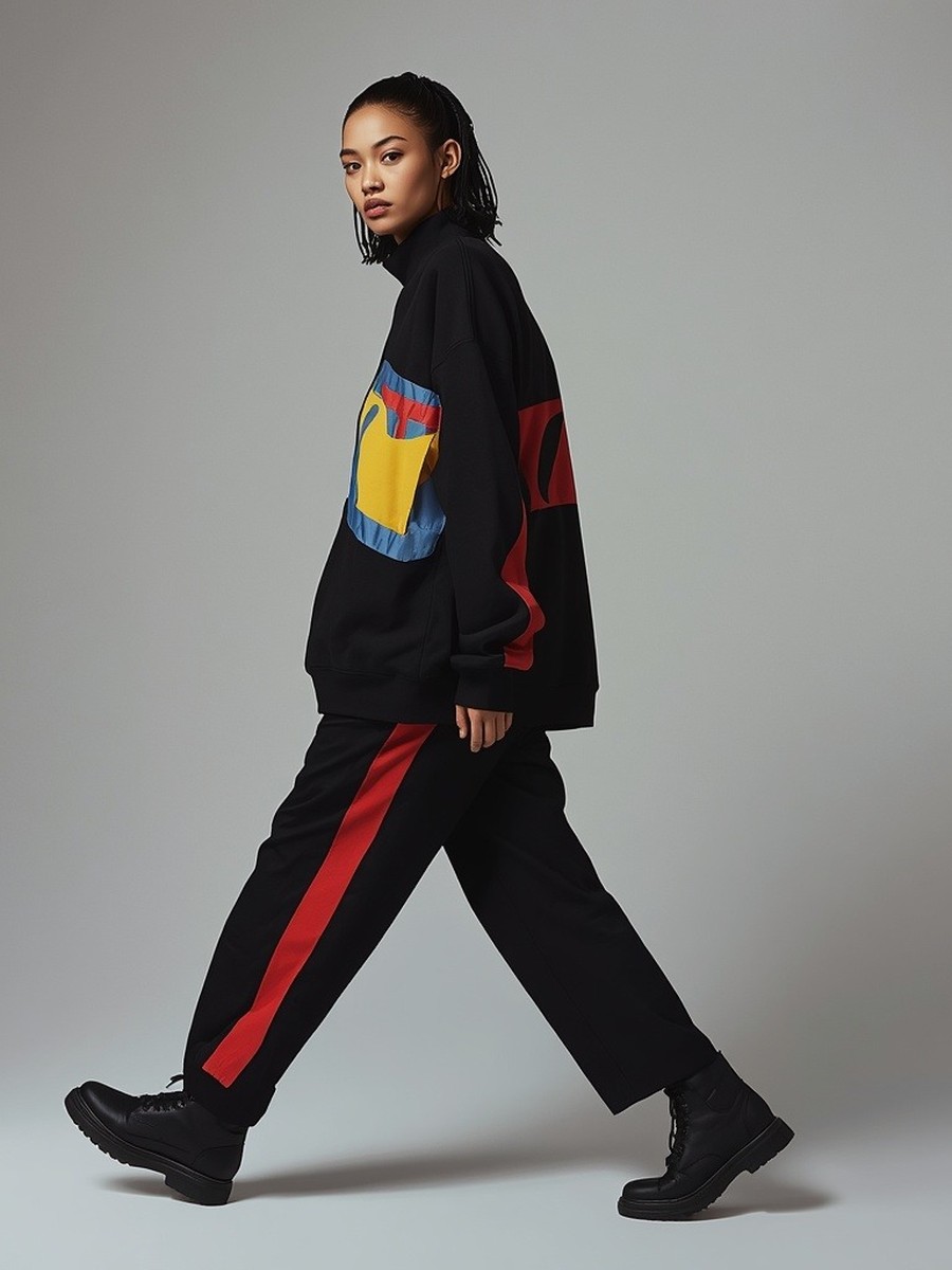 Dopameez cast — colour-block turtleneck, walking, red side-striped trousers