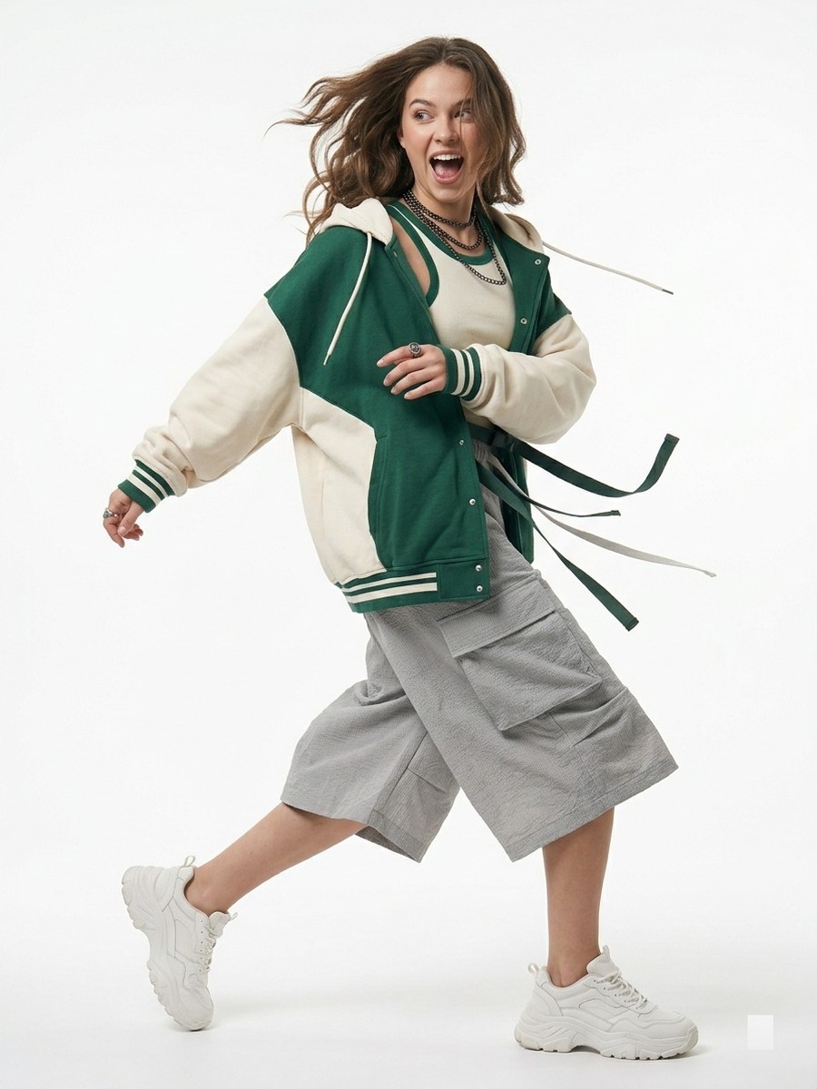 Dopameez cast — green and cream varsity jacket, running mid-stride