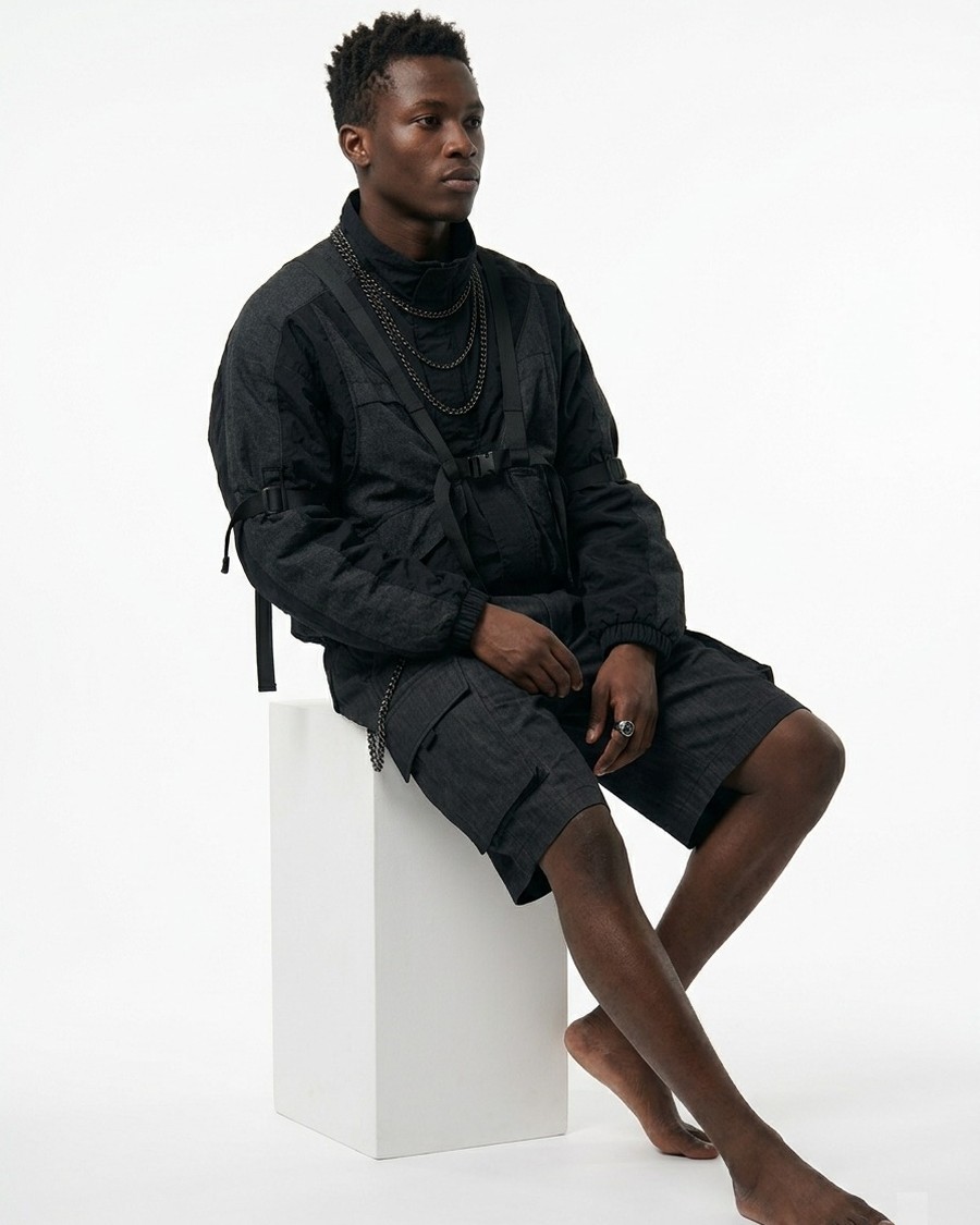 Dopameez cast — seated in an all-black layered fit, chains stacked, boots off