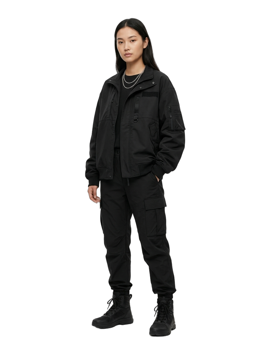 Dopameez cast — all-black layered fit, chains stacked