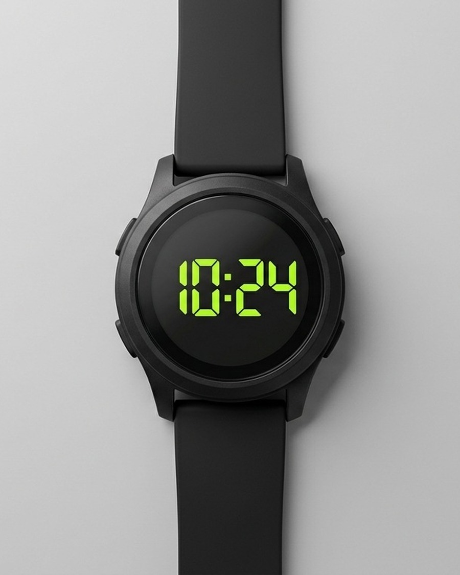 Grid Chrono Watch — matte black digital watch with a volt-green LCD time display