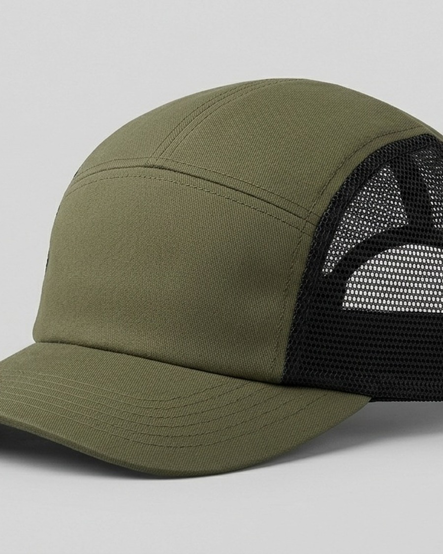 Trucker Mesh Cap — olive five-panel trucker cap with a black mesh back